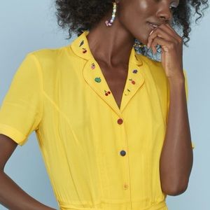 HVN Yellow Maria Fruit Embroidery Midi Dress